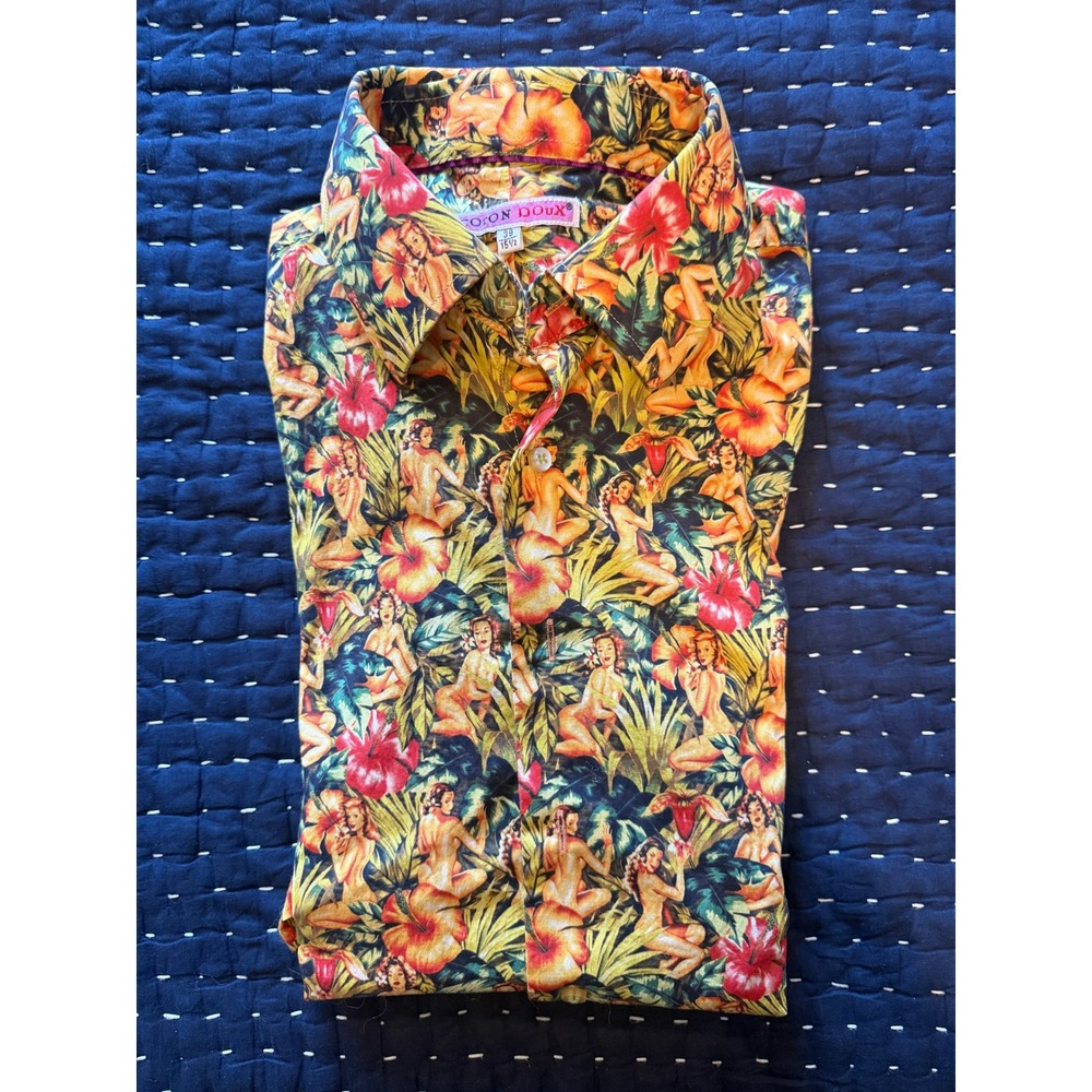 Coton Doux Pin-Up Girl Tropical Floral Button Down Shirt Long Sleeve 39/15.5